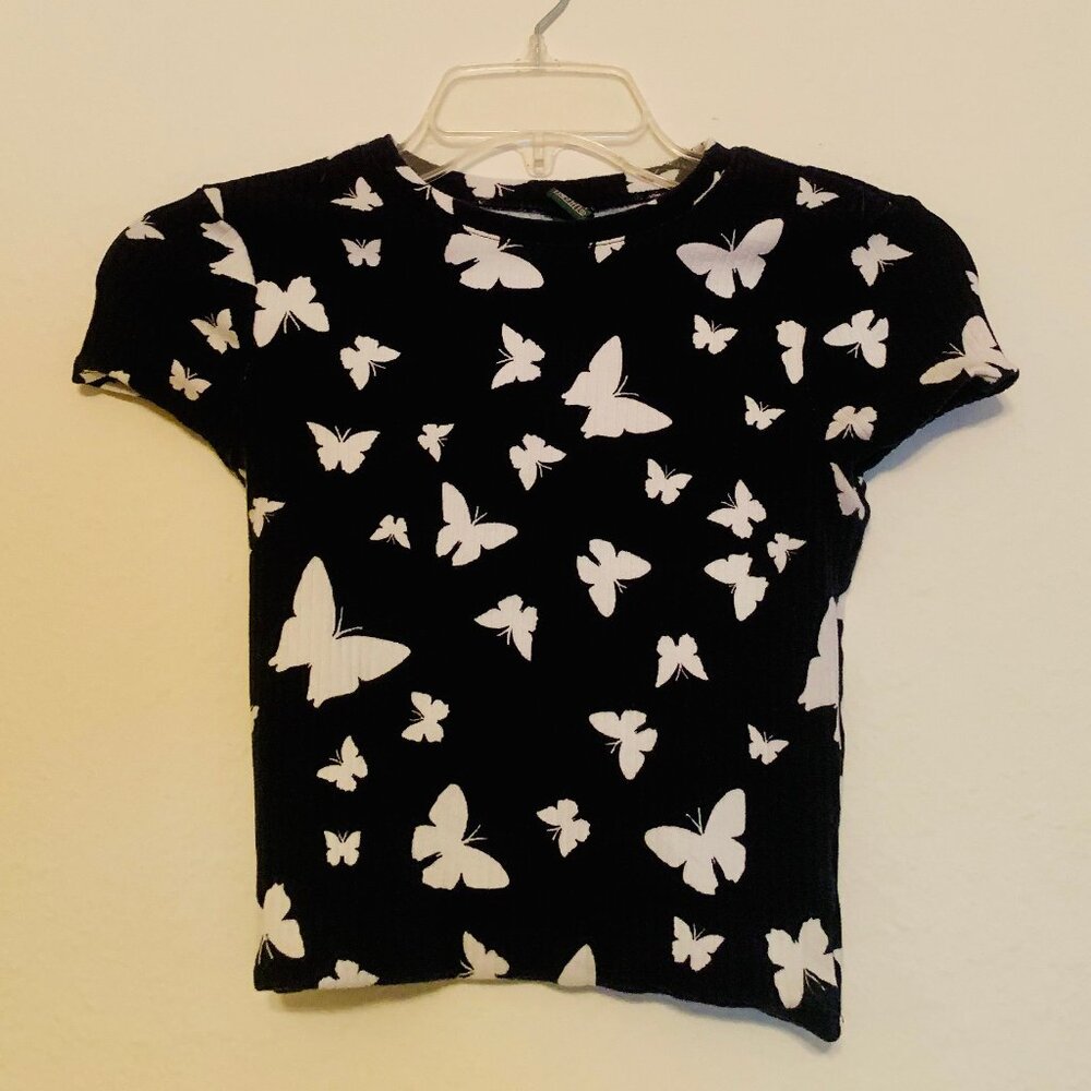 Wild Fable Ribbed Black and White Butterfly Crop Top